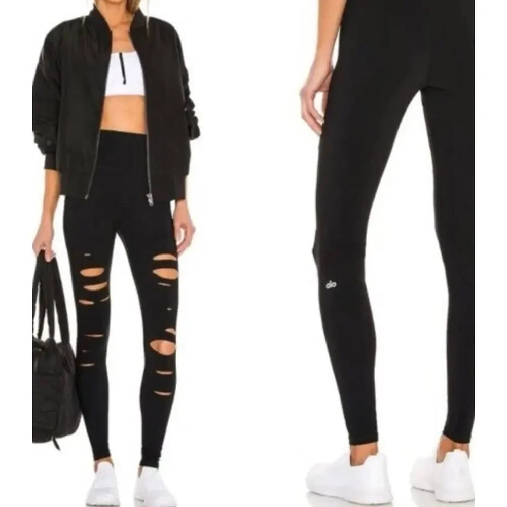 Alo Yoga High Waist Ripped Leggings Black XS Cutout Distressed Yoga Pants.
